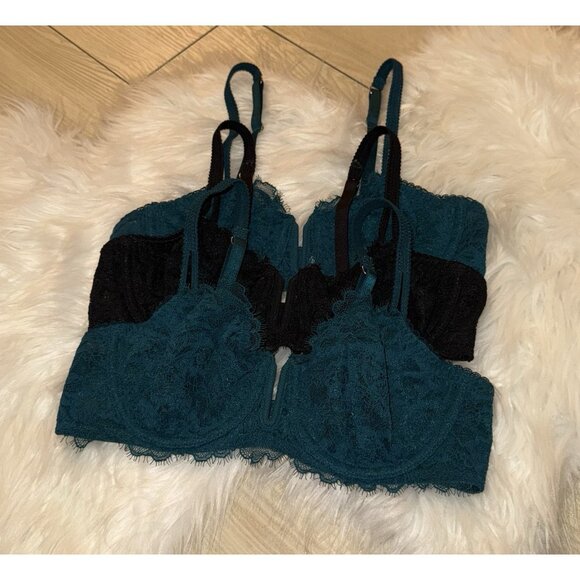 3 Auden Balconette Coverage Unlined Bras Lace Underwire Womens 34A Teal Black - Picture 1 of 7
